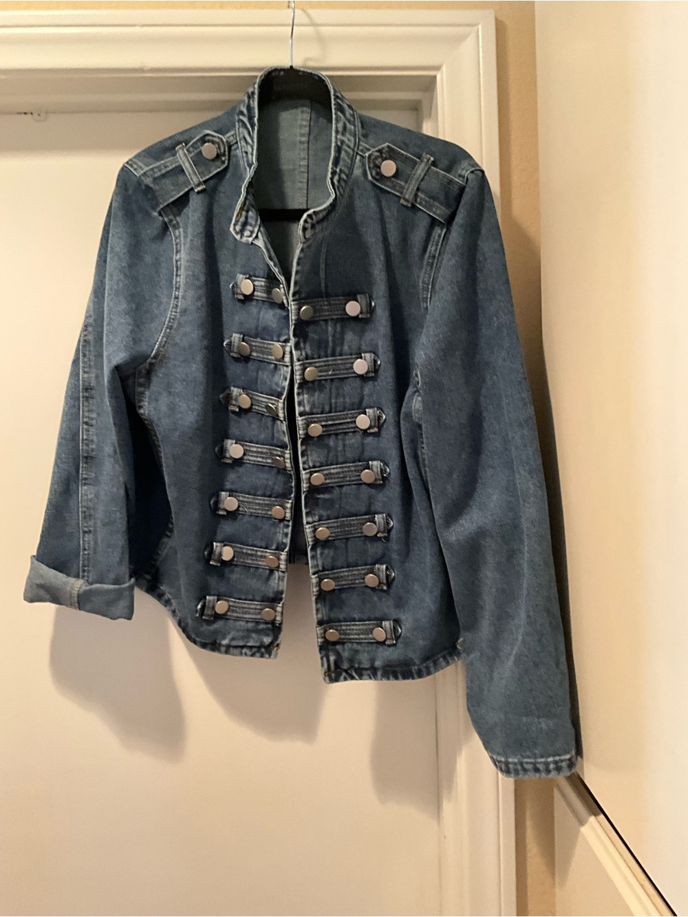 Military-Inspired Button Front Denim Jacket - Blue